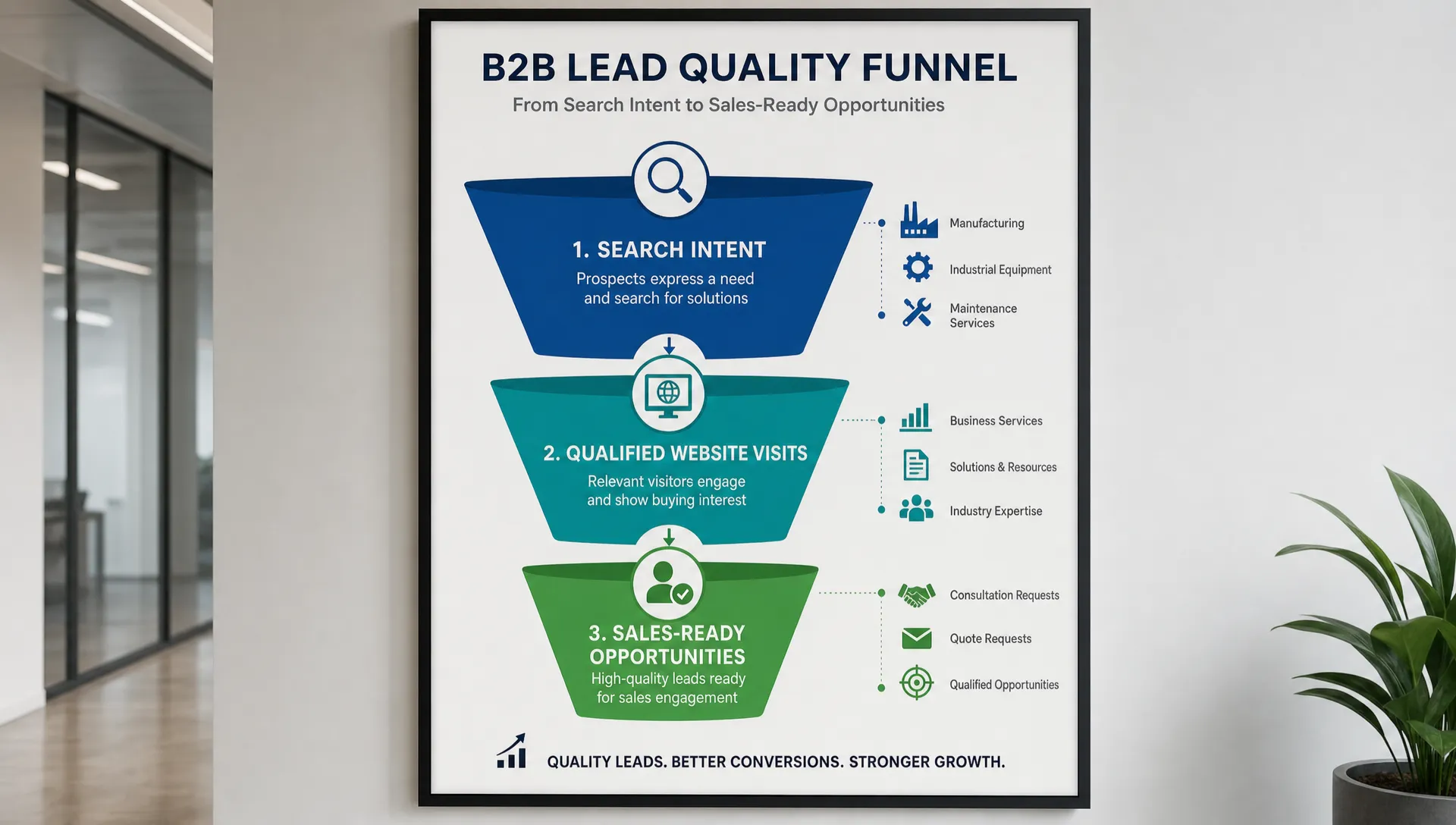 A B2B lead quality funnel showing search intent at the top, qualified website visits in the middle, and sales-ready opportunities at the bottom, with industrial and business service icons beside each stage, presented as a clean vertical diagram on a wall display.