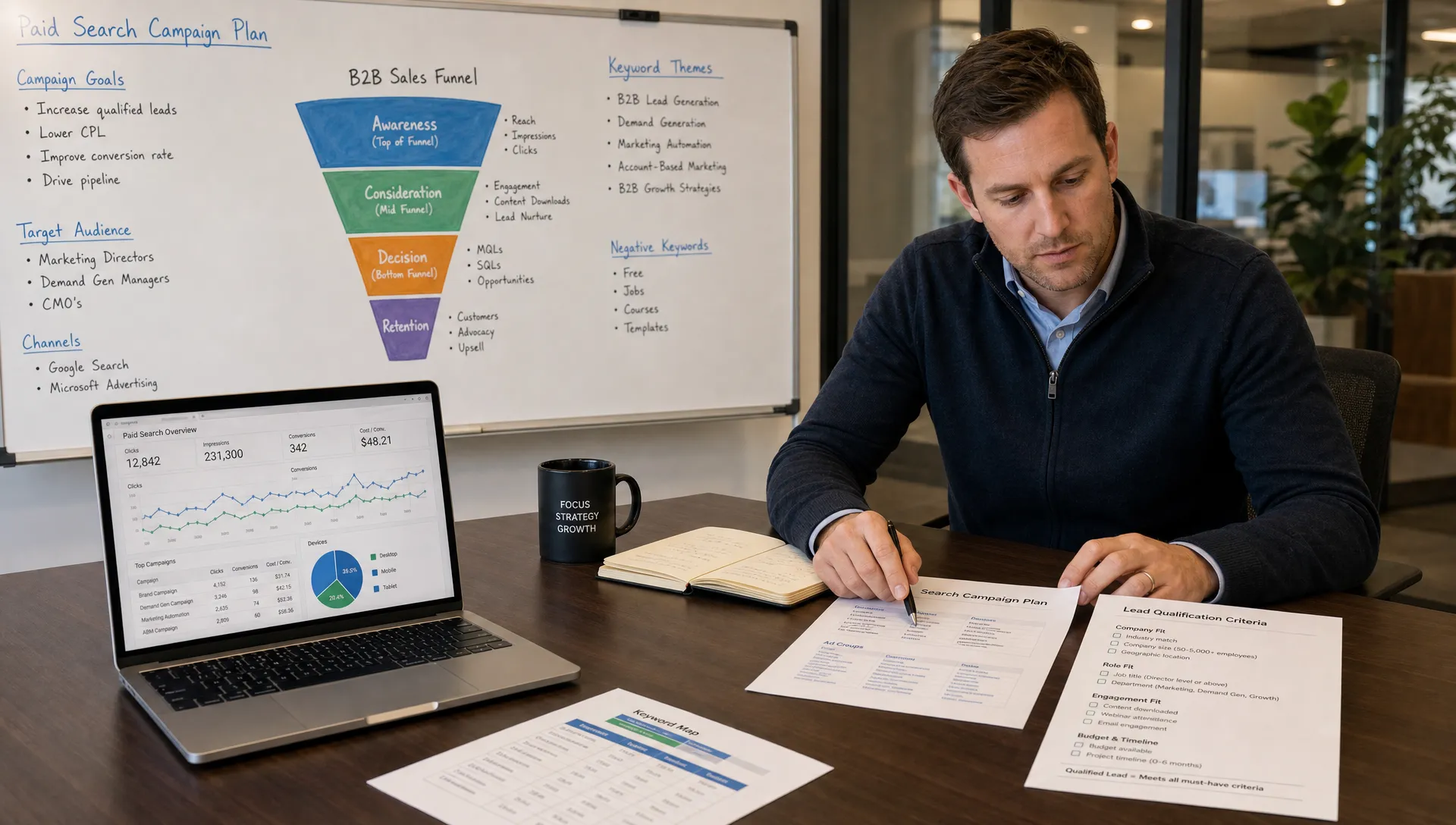 A B2B marketing strategist reviews a paid search campaign plan beside a sales funnel diagram, keyword notes, and lead qualification criteria on a conference table.