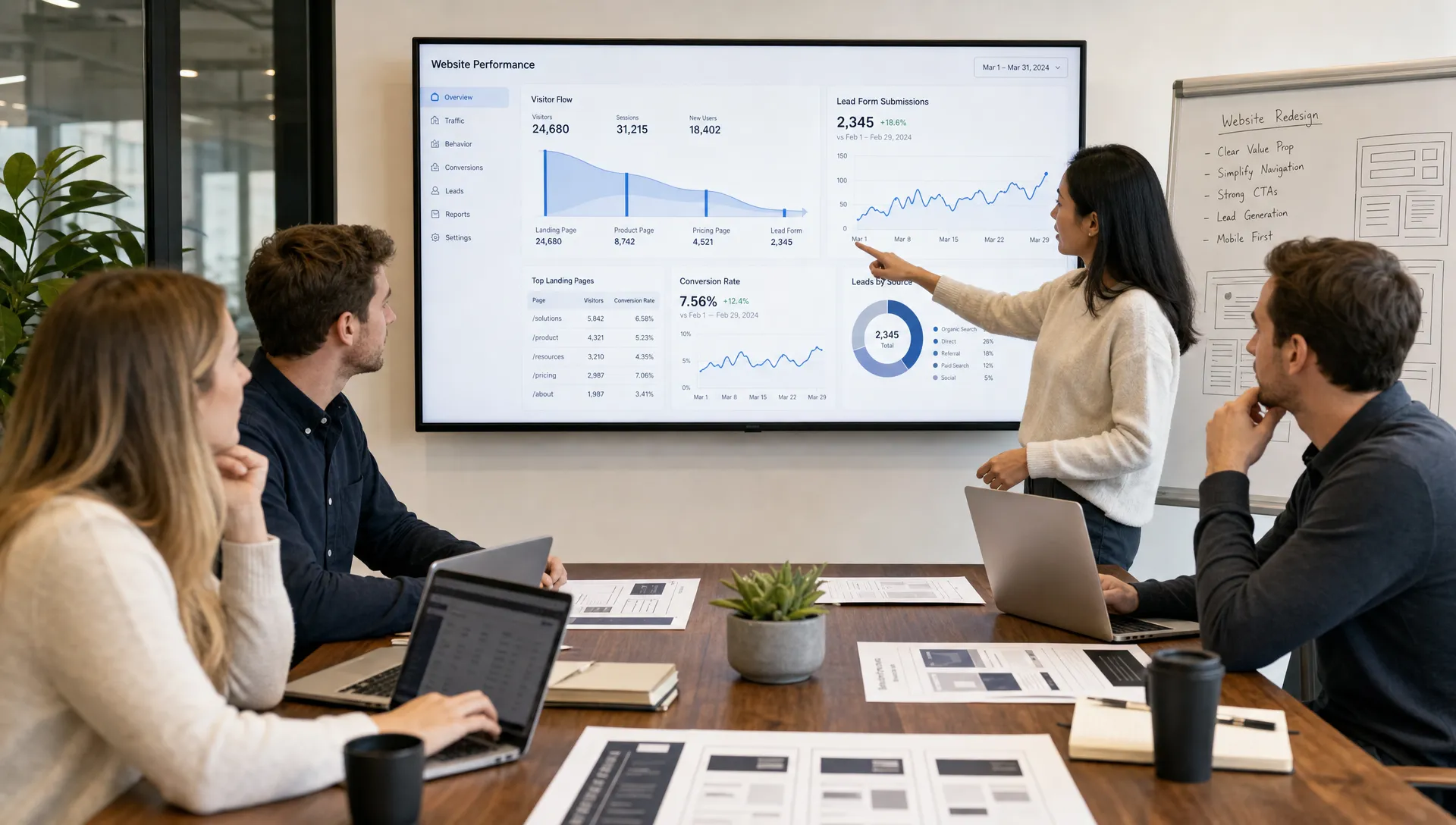 A B2B marketing team reviews a website performance dashboard and landing page wireframes on a conference table, with charts showing visitor flow, lead forms, and conversion metrics.