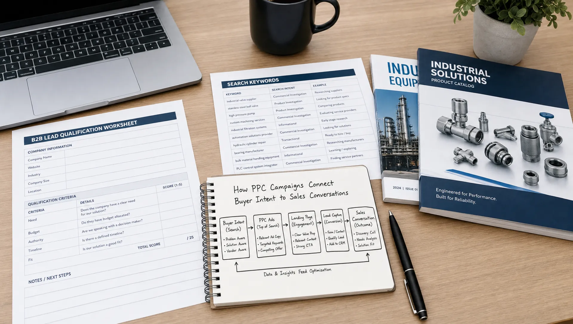A clean desk with a B2B lead qualification worksheet, search keywords, industrial product catalogs, and a notebook showing how PPC campaigns connect buyer intent to sales conversations.