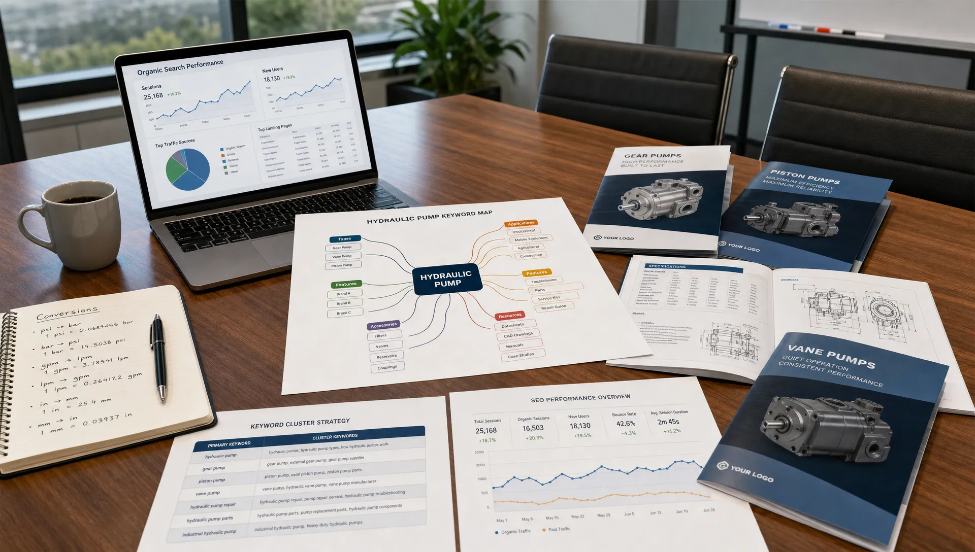 A conference room desk with printed keyword maps, industrial product brochures, conversion notes, and performance charts arranged for an SEO planning discussion.