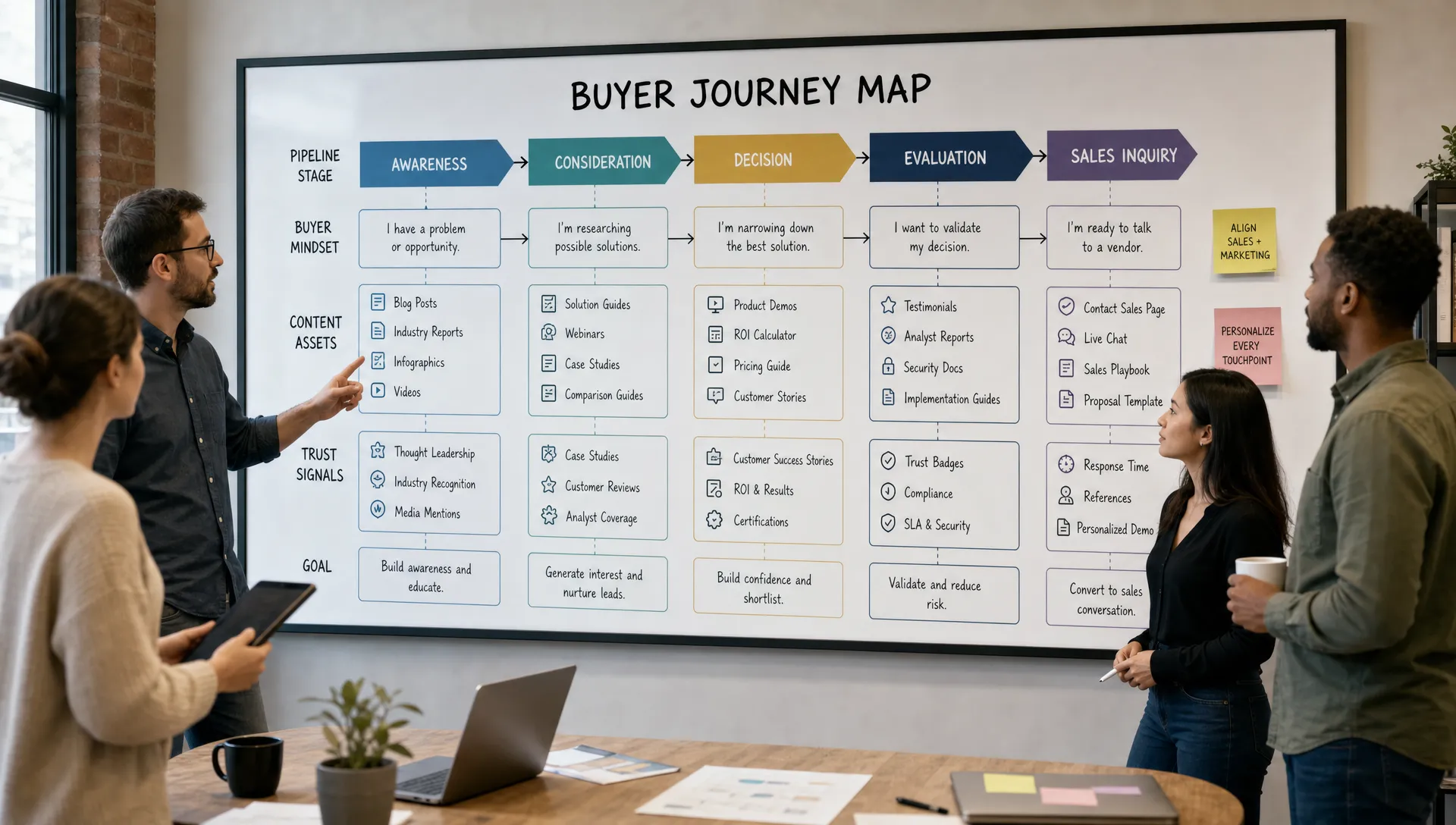 A marketing team standing in front of a large wall-mounted buyer journey map, with content assets, trust signals, and pipeline stages connected from awareness to sales inquiry; indoor strategy room, medium-wide composition, people present and the map clearly visible.