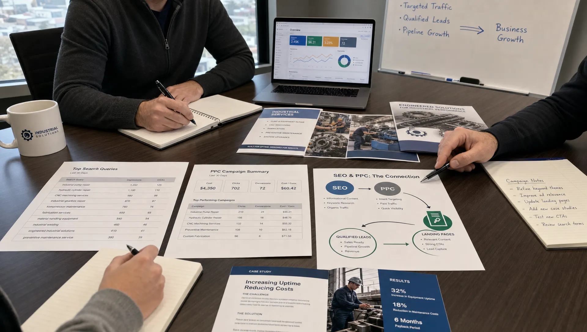 A meeting room table covered with printed search query reports, campaign notes, industrial service brochures, and simple charts showing how SEO and PPC insights connect to qualified B2B leads.