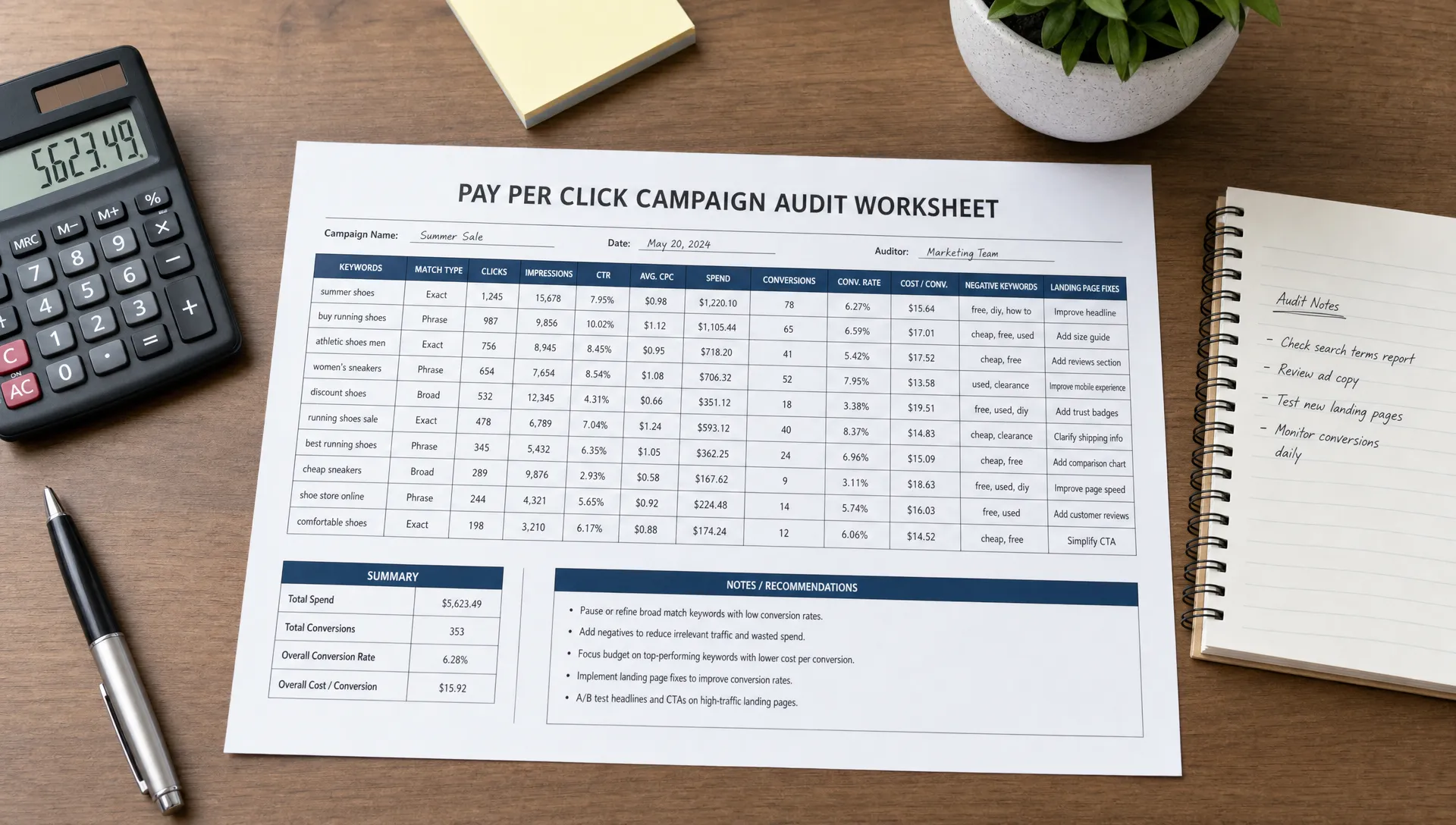 A pay per click campaign audit worksheet spread across a desk with columns for keywords, spend, conversions, negative keywords, and landing page fixes, next to a calculator and notebook.