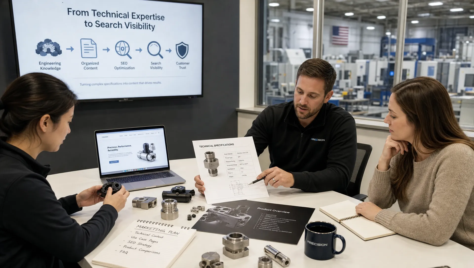 An indoor marketing planning scene with product samples, printed specification sheets, and a factory floor visible through the window, showing how technical expertise becomes organized content for search visibility.