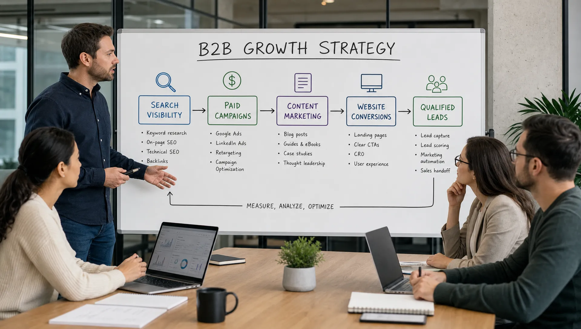 A B2B marketing team reviews a growth strategy board showing search visibility, paid campaigns, content, website conversions, and qualified leads connected in a simple workflow, in a modern office setting with the board facing the camera and the team positioned around it.