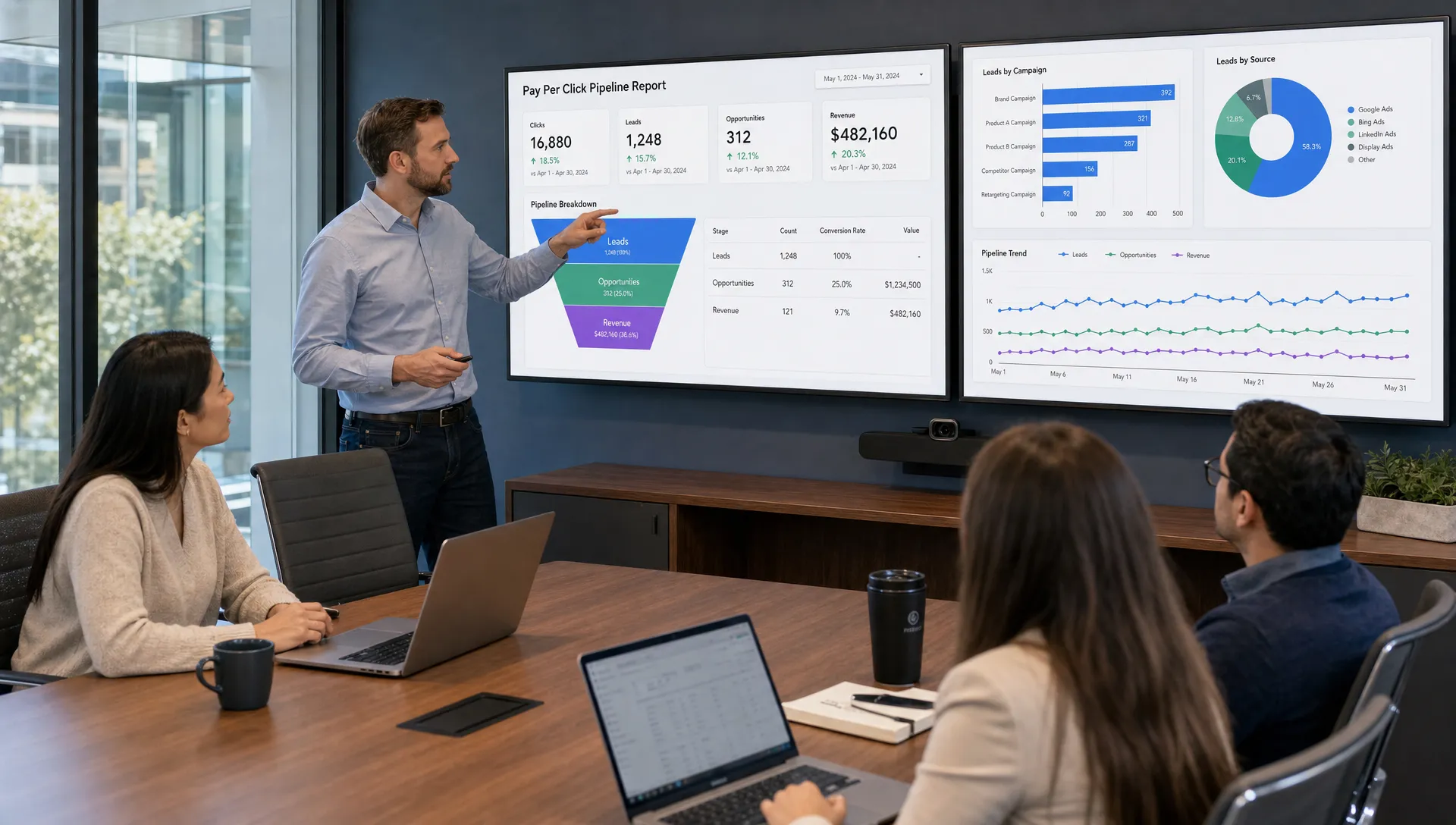 A B2B marketing team reviews a pay per click pipeline report in a conference room, with screens showing leads, opportunities, and revenue stages.