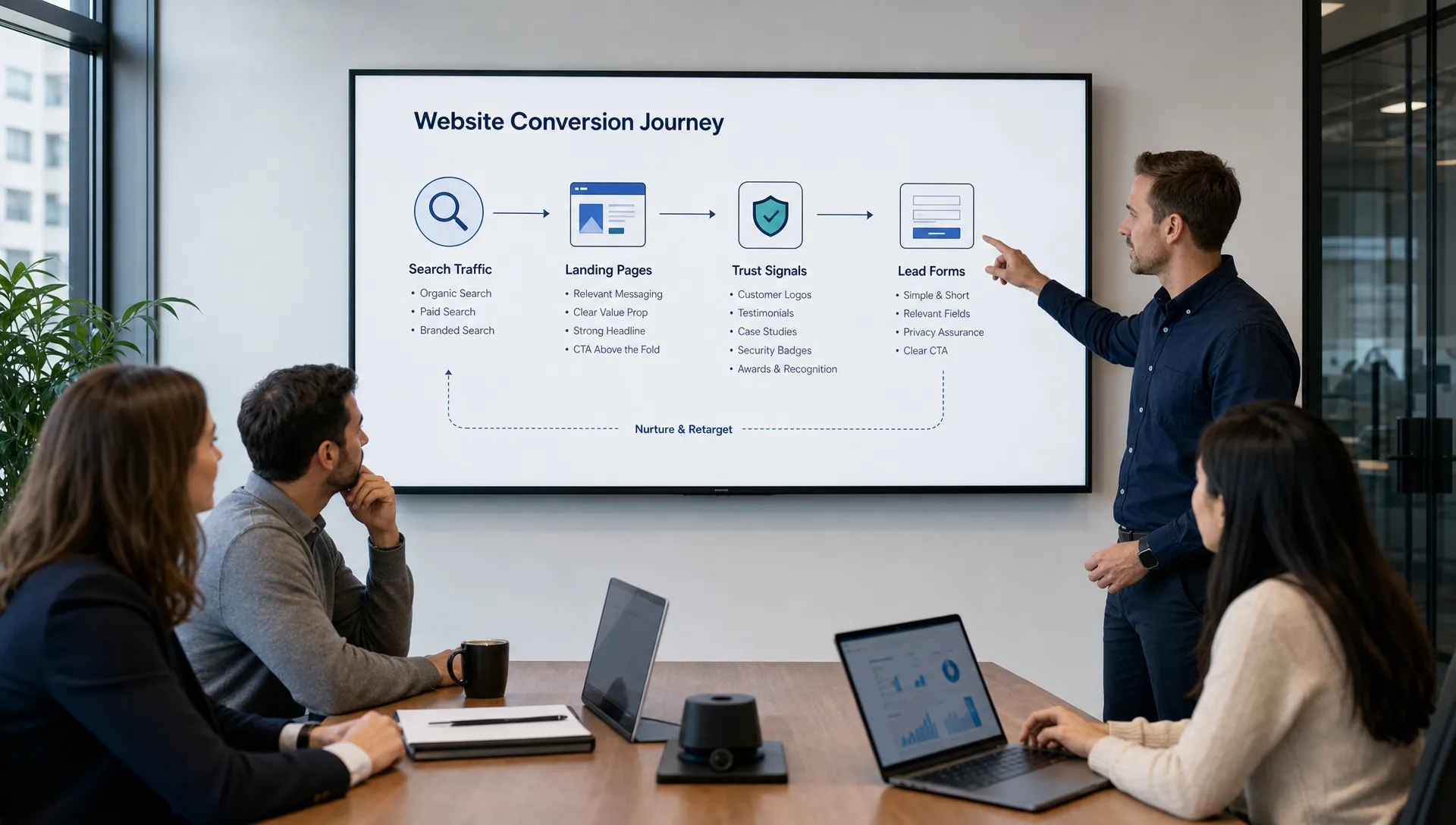 A B2B marketing team reviews a website conversion journey on a conference room wall, with search traffic, landing pages, trust signals, and lead forms connected in a simple flow.