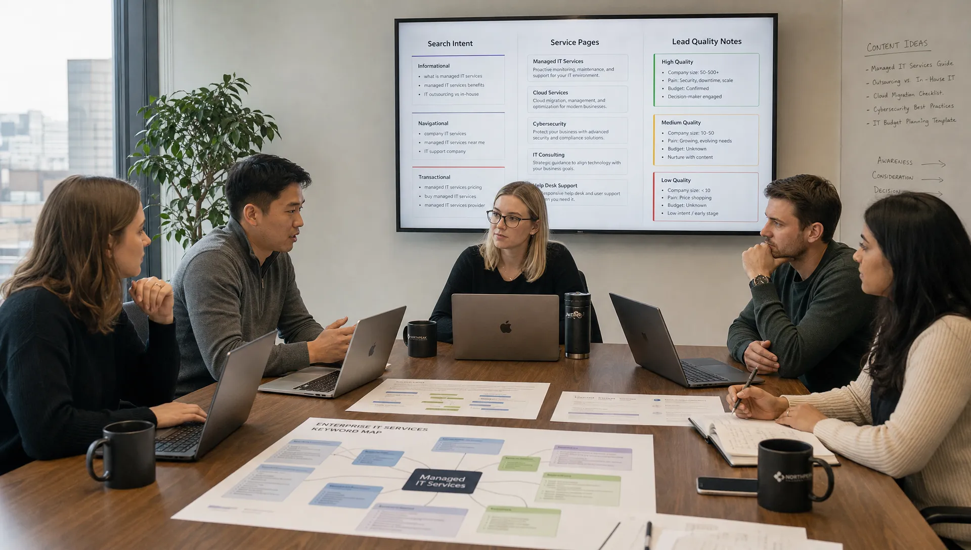 A B2B marketing team reviews search intent, service pages, and lead quality notes around a conference table with laptops and keyword maps.
