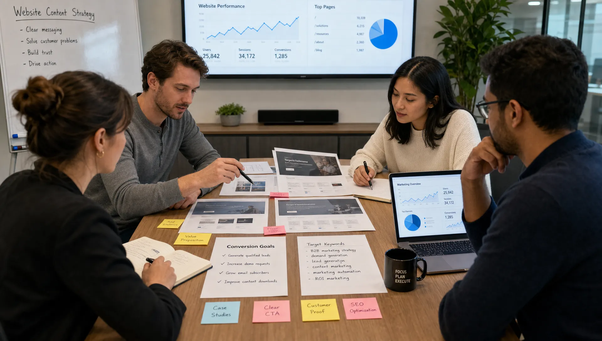 A B2B marketing team reviews website content, keyword notes, and conversion goals across a conference table with printed drafts and analytics charts.