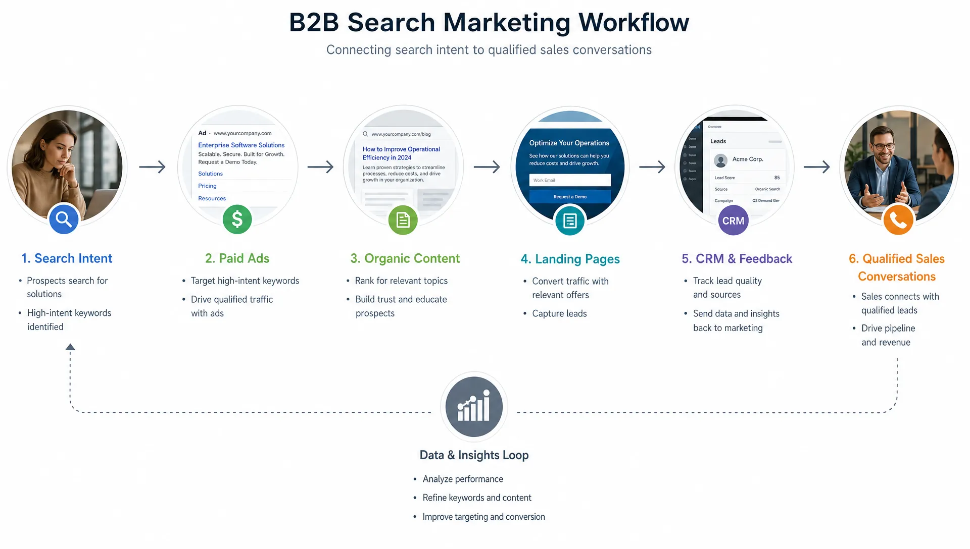 A B2B search marketing workflow connects search intent, paid ads, organic content, landing pages, CRM feedback, and qualified sales conversations in one path.