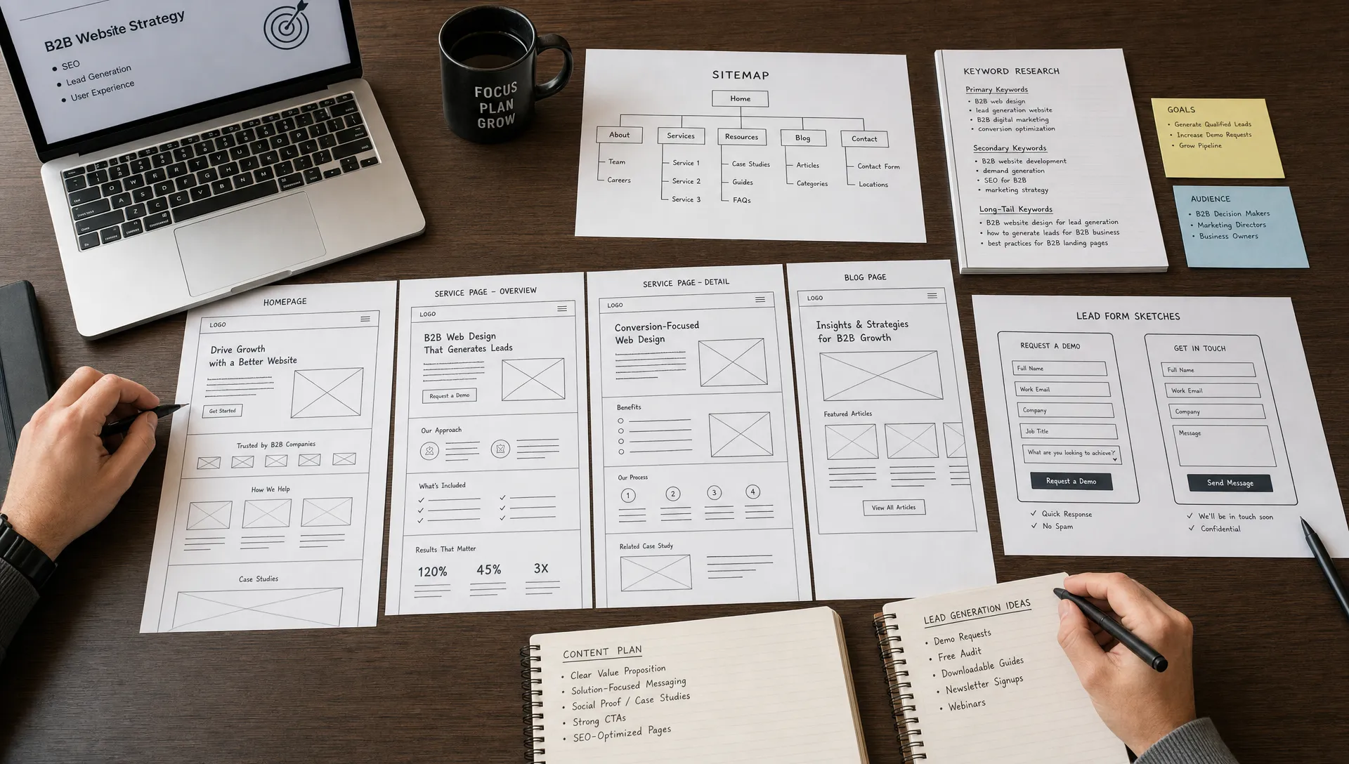 A B2B website planning workspace showing a sitemap, service page wireframes, keyword notes, and lead form sketches arranged on a conference table to represent SEO-focused web design for lead generation.