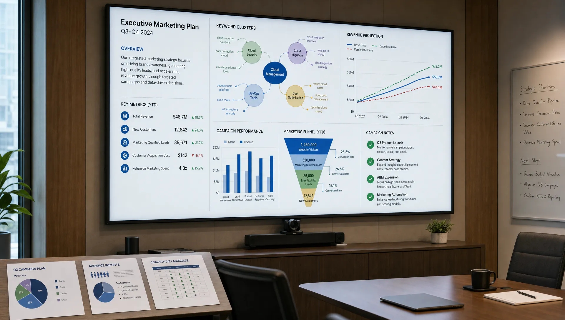 A boardroom wall display showing charts, keyword clusters, revenue projections, and campaign notes for an executive marketing planning session, with a side table of printed documents in view.