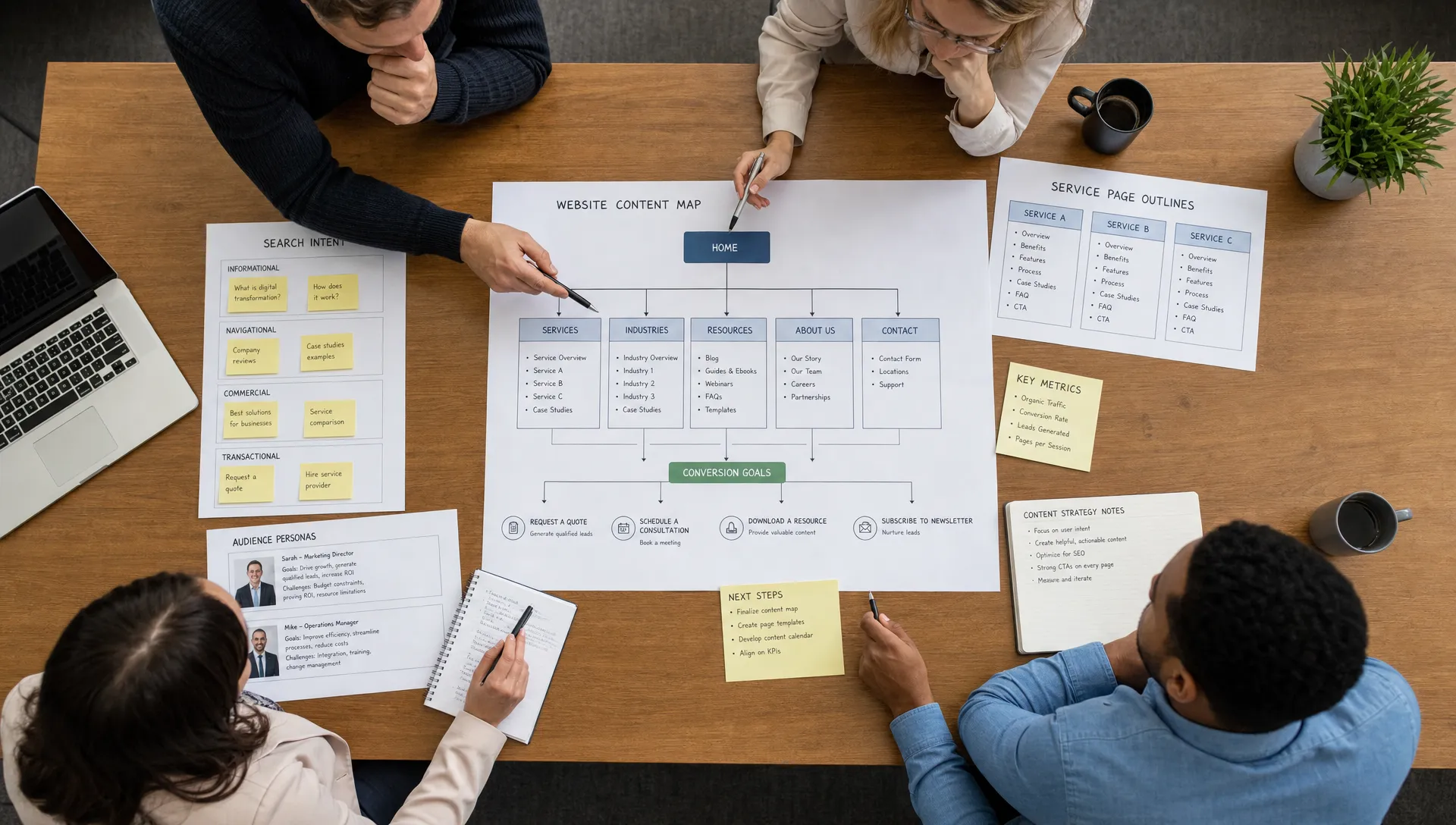 A business marketing team reviews a website content map on a conference table, with printed search intent notes, service page outlines, and lead conversion goals organized into clear sections, viewed from above.
