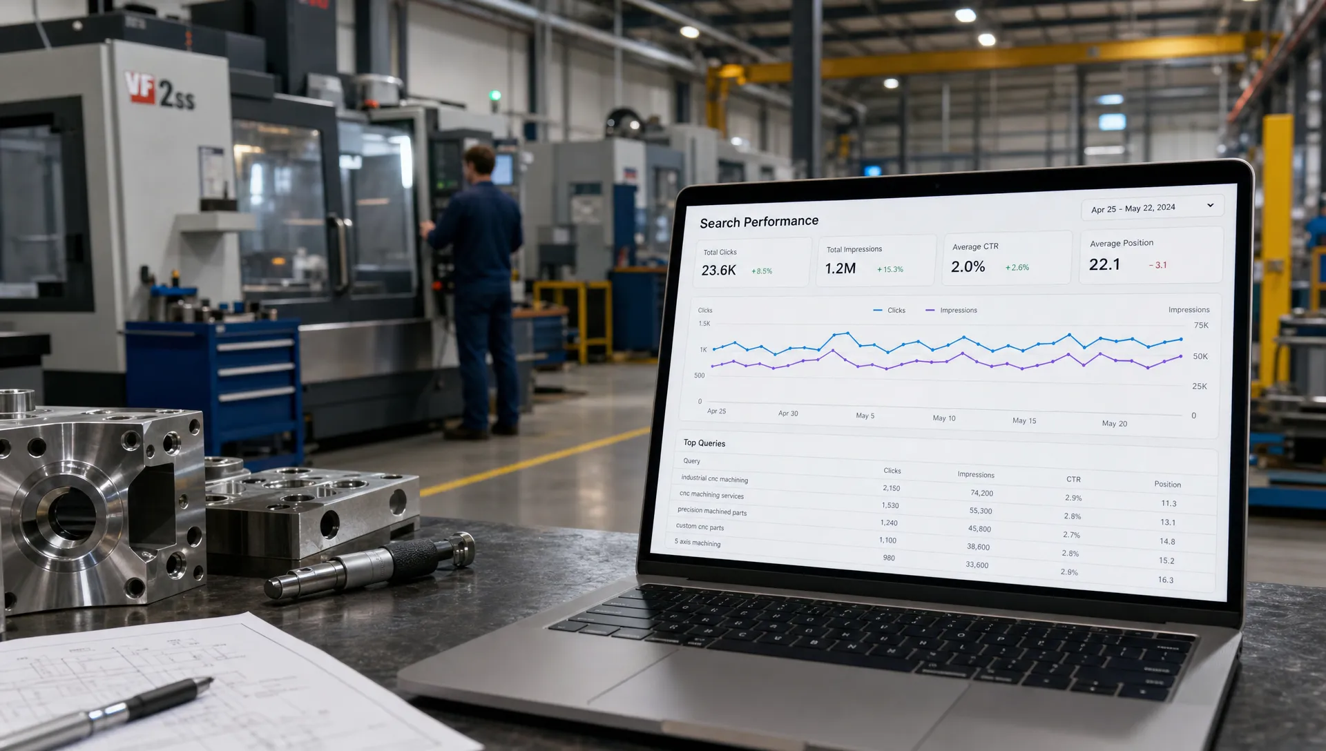 A clean industrial manufacturing floor with machinery, metal components, safety markings, and a laptop on a workbench displaying search analytics for industrial SEO.