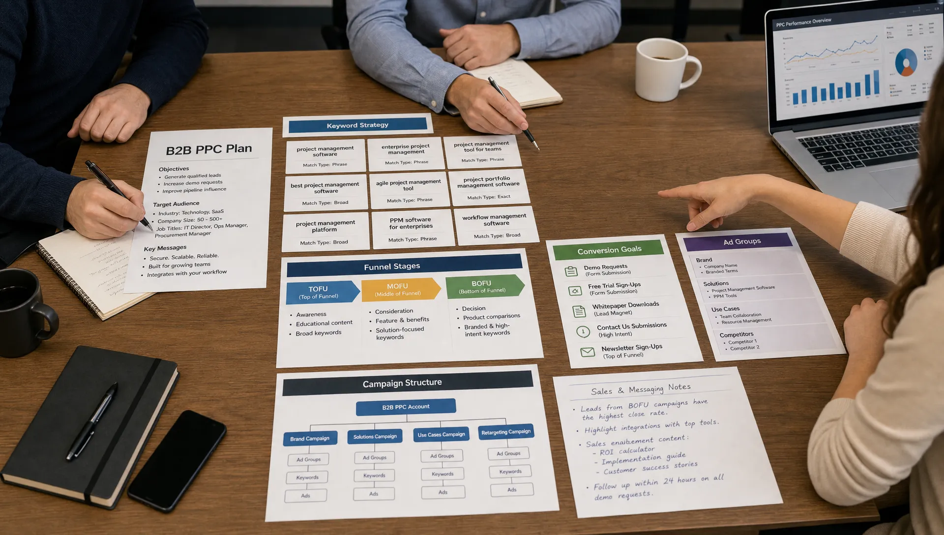 A conference table holds keyword cards, funnel stages, conversion goals, and sales notes for a B2B PPC plan.