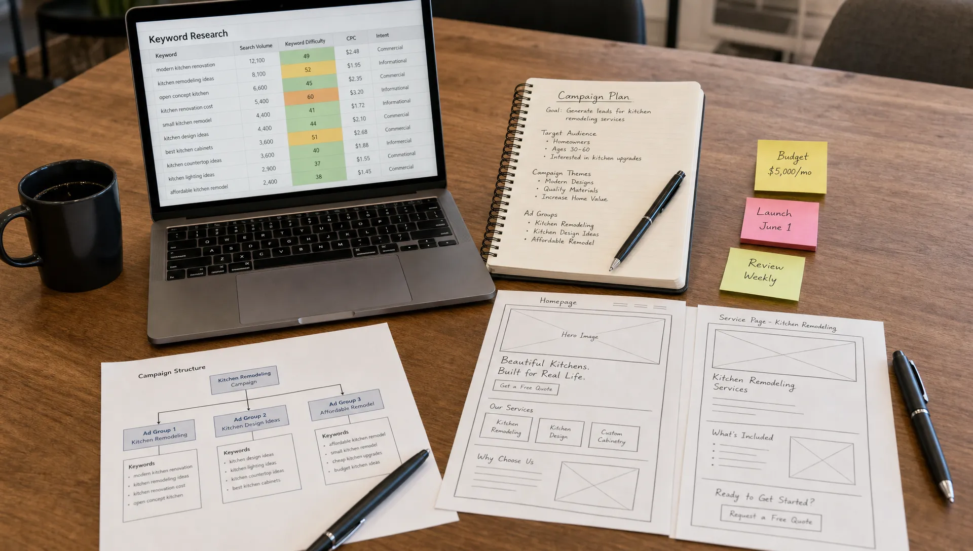 A conference table holds keyword research, campaign notes, and website page sketches in a clear workflow.