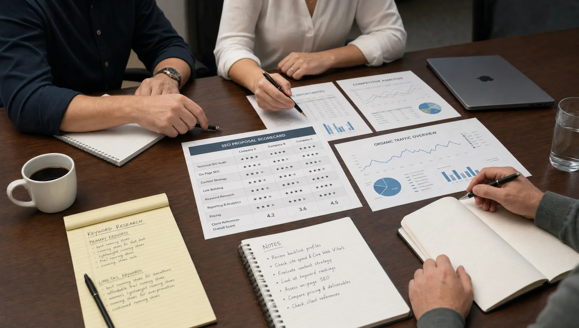 A conference table with printed SEO proposal scorecards, keyword research notes, analytics charts, and a laptop closed beside notebooks, representing a business team evaluating SEO companies.