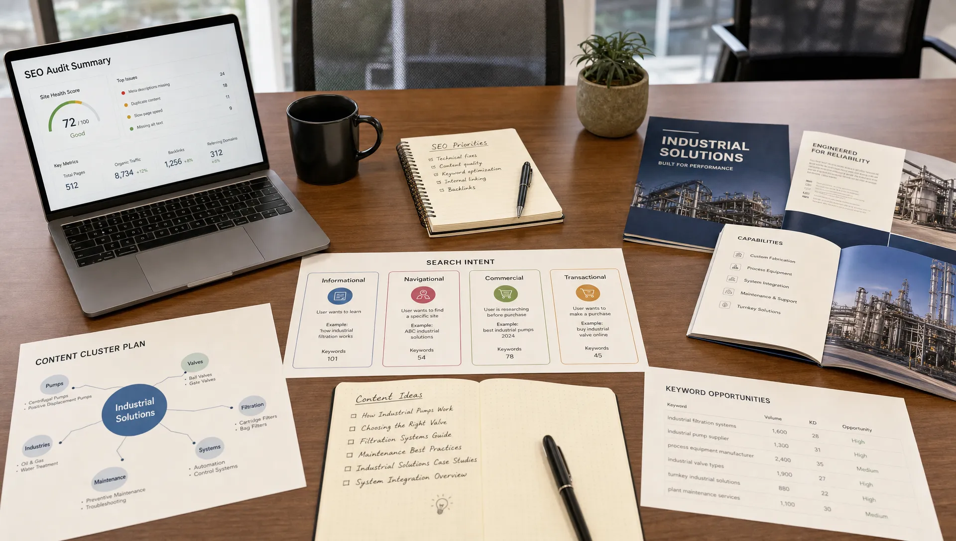 A conference table with SEO audit notes, search intent cards, industrial brochures, and content cluster diagrams arranged for planning.