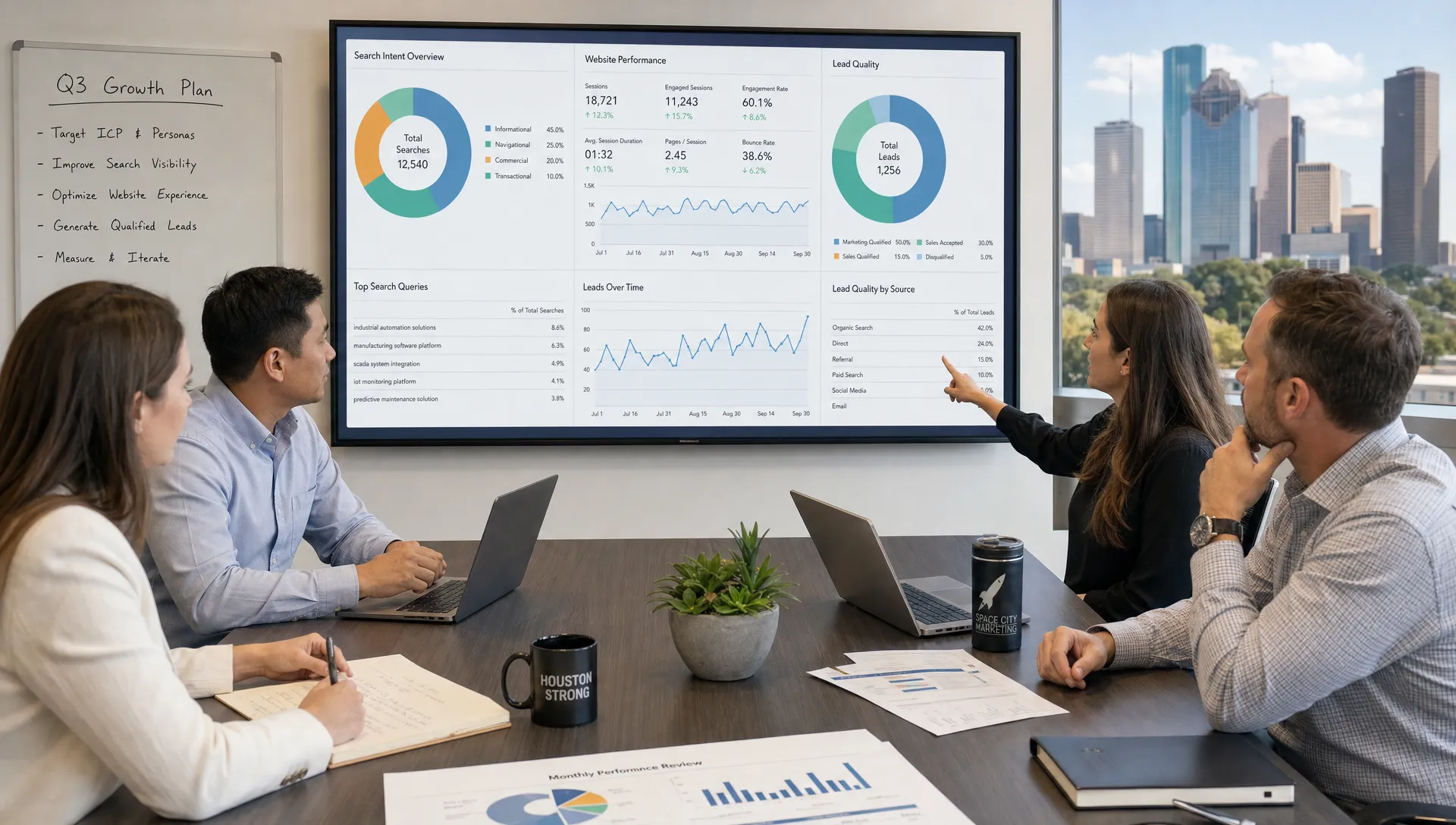 A Houston B2B marketing team reviewing search intent, website performance, and lead quality metrics around a conference table with notes, charts, and laptops facing them, in a modern office meeting room.