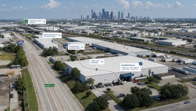 A Houston industrial corridor shows search terms and qualification markers pointing toward a facility entrance for B2B leads.