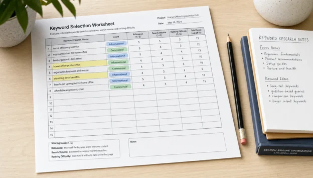A keyword selection worksheet shows search phrases, intent labels, and a scoring grid beside a pencil and reference notes.