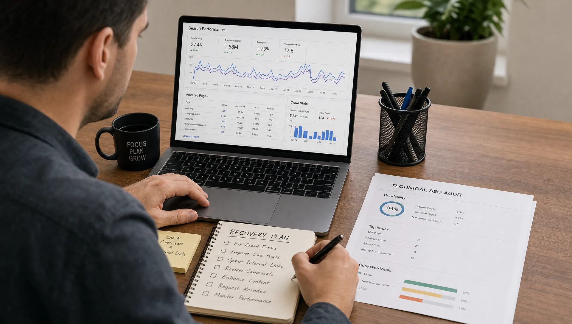 A marketer reviews search performance charts, affected landing pages, and crawl signals on a desk with recovery notes.