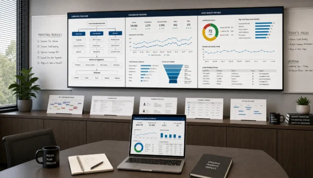 A marketing operations room displays PPC campaign tracking, lead quality, and B2B reporting.