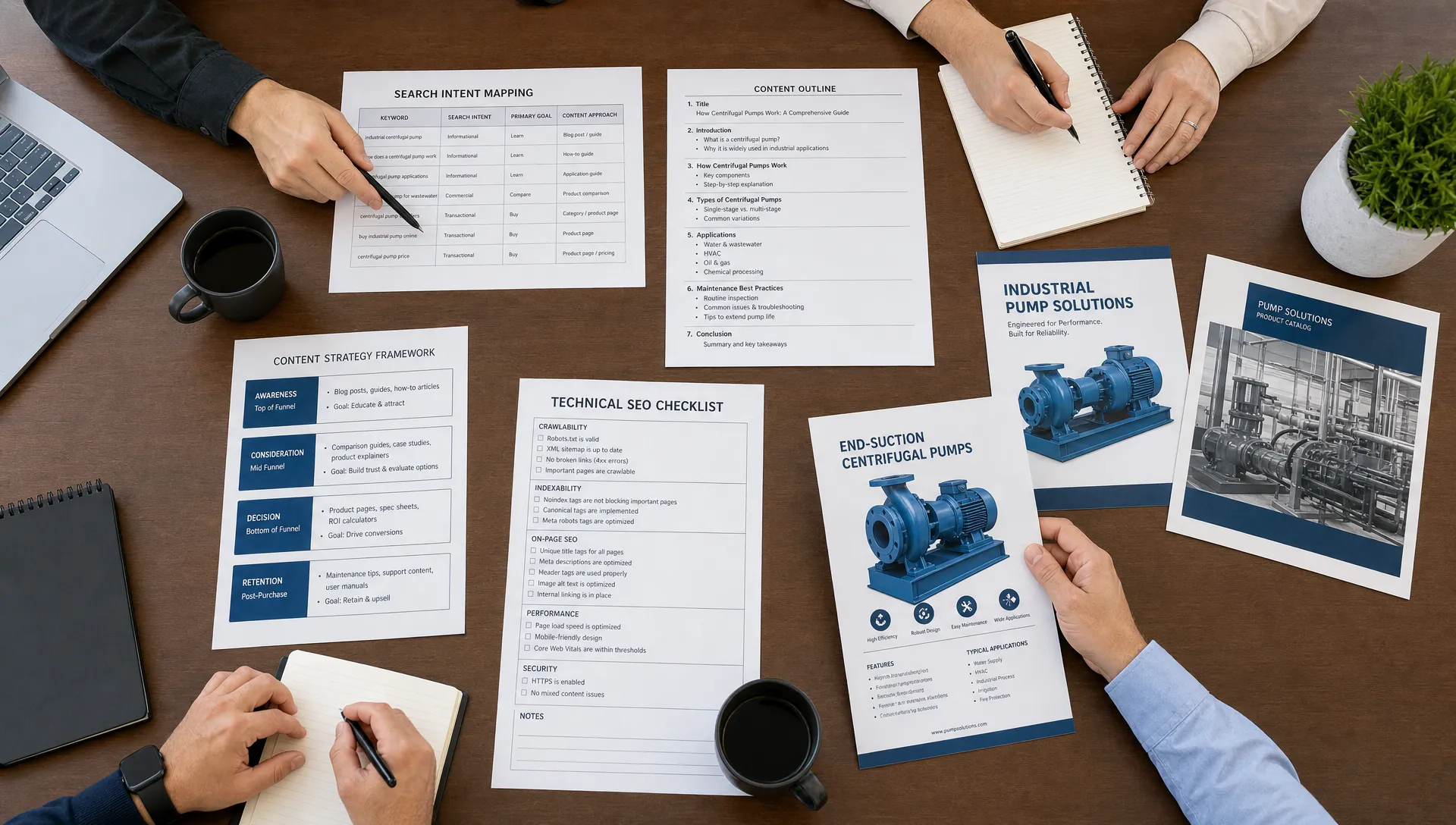 A marketing planning table with printed search intent notes, content outlines, technical SEO checklist pages, and industrial product brochures arranged for a B2B SEO strategy session, shown from an overhead view with the materials spread across a conference table.