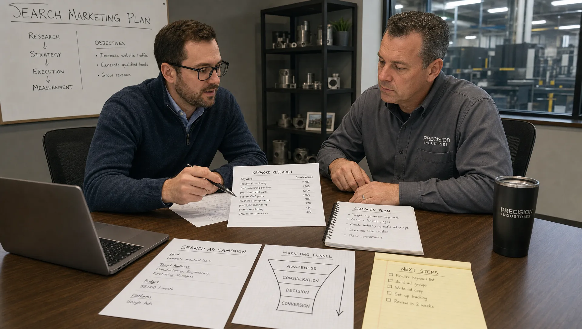 A marketing strategist and an industrial business owner reviewing a search marketing plan across a conference table with keyword research sheets, campaign notes, and a simple funnel sketch on paper.