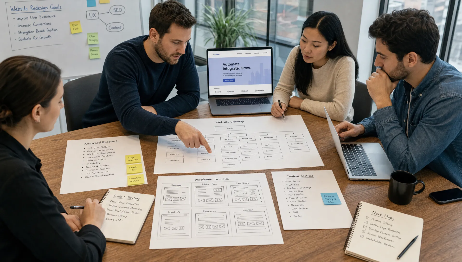A marketing team reviewing a website sitemap, keyword notes, wireframe sketches, and content sections on a conference table while planning a B2B website redesign.
