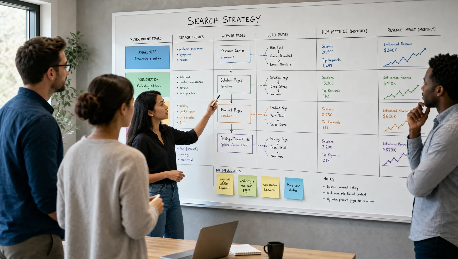 A marketing team reviews a search strategy board with buyer intent stages, website pages, lead paths and revenue metrics.