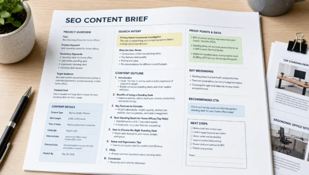 A printed SEO content brief shows search intent notes, headings, proof points, and a next step on a desk.
