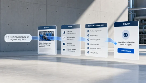 A search query path moves through content and proof blocks to a clear inquiry card for B2B buyers.
