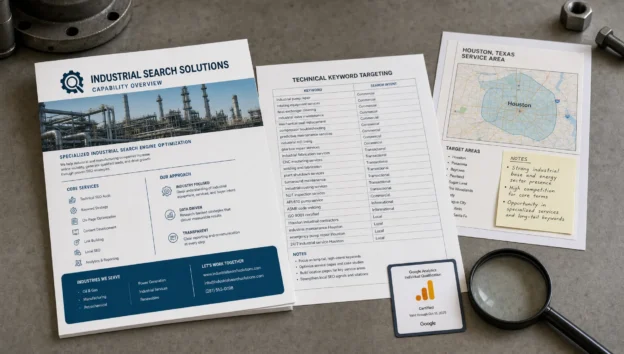 A stack of industrial SEO notes, capability pages, and a Houston location card shows how buyers research suppliers before contacting sales.