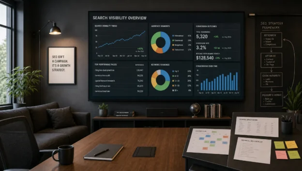 A strategy room display shows SEO trends, audience segments and conversion outcomes beside planning sheets.