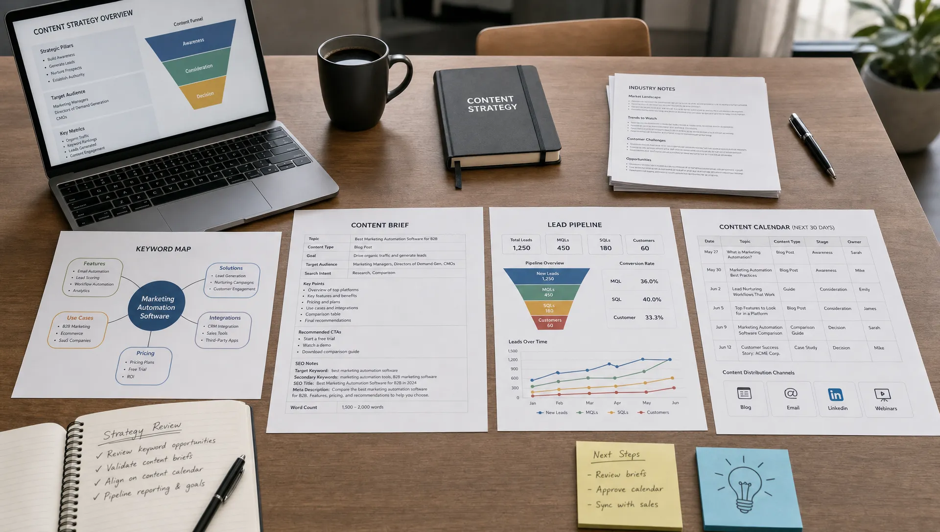 A strategy table with printed keyword maps, content briefs, industry notes, and lead pipeline charts laid out for review.