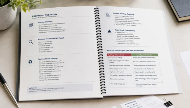 An opened SEO proposal packet shows business goals, technical notes, and reporting sections on a desk.