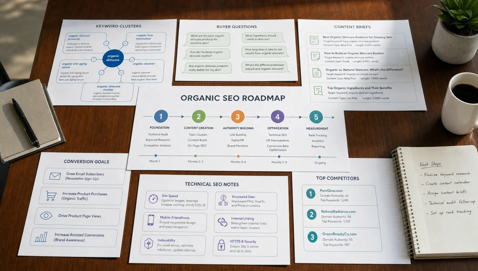 An organic SEO roadmap laid out on a conference table with keyword clusters, buyer questions, content briefs, conversion goals, and technical SEO notes printed on paper.