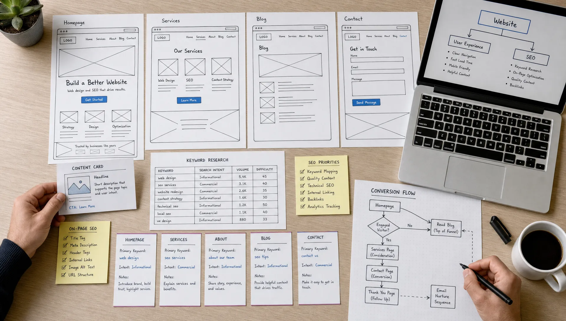 An overhead planning table with website wireframes, content cards, keyword notes, and conversion flow sketches arranged together to show web design and search engine optimisation being aligned before development.