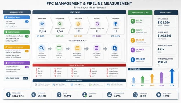 Keyword tiles, lead stages, and revenue arrows form a grid that represents pay per click pipeline management.
