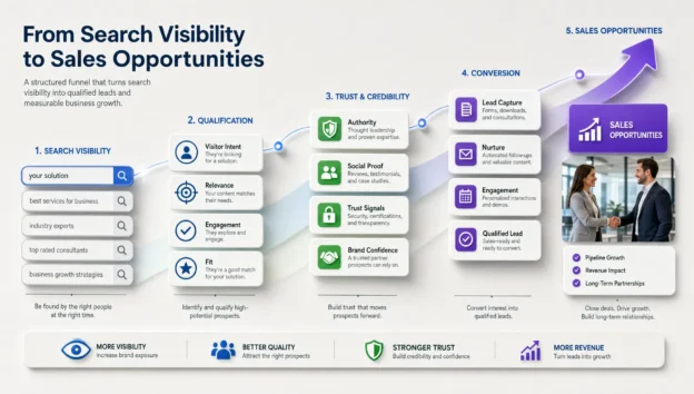 Layered search bars and conversion markers form a rising funnel from visibility to sales opportunities.