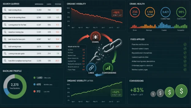 Layered search signals, links, and trend lines suggest repairing organic visibility.