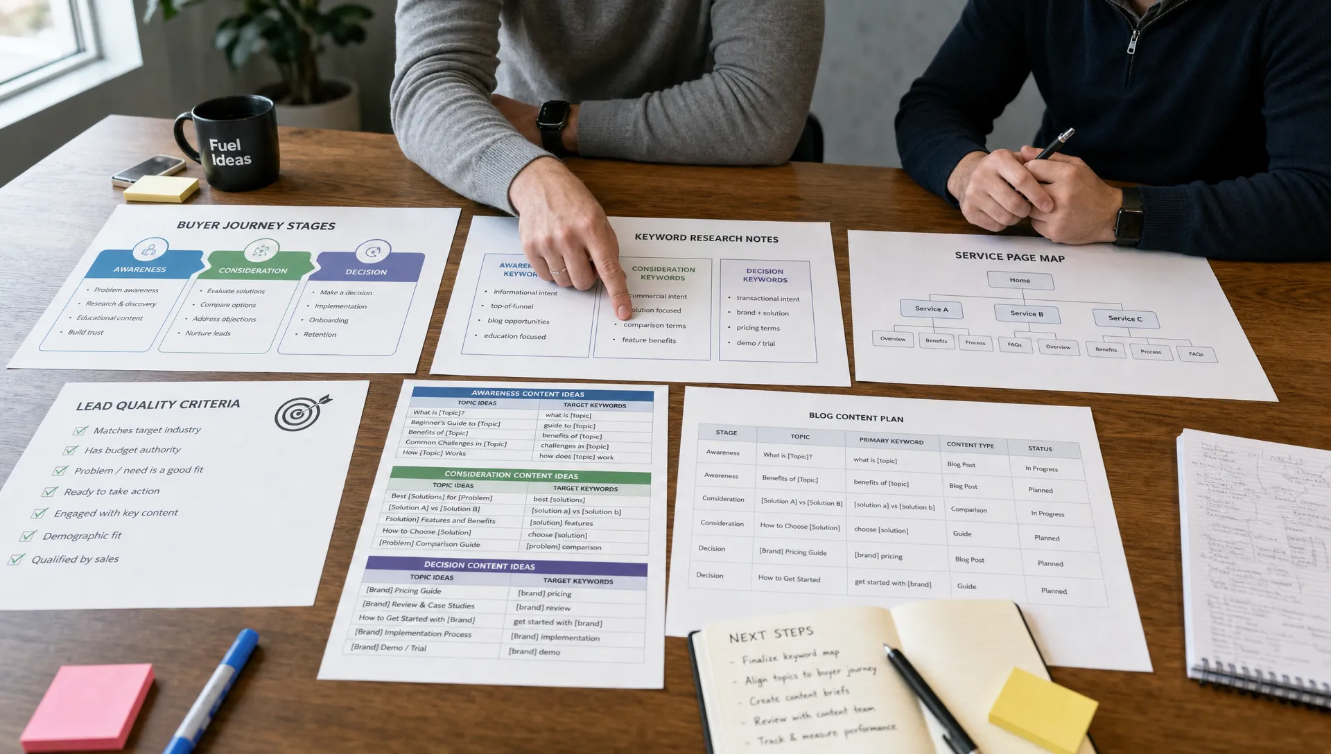 Printed buyer journey stages, keyword notes, service page maps, and lead quality criteria are spread across a conference table during SEO blog planning.
