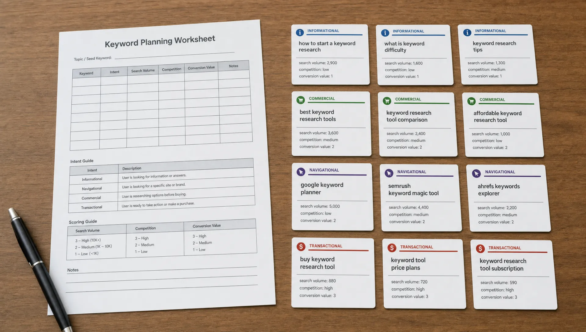 Printed keyword cards sit beside a page planning worksheet, grouped by buyer intent, search volume, competition, and conversion value.
