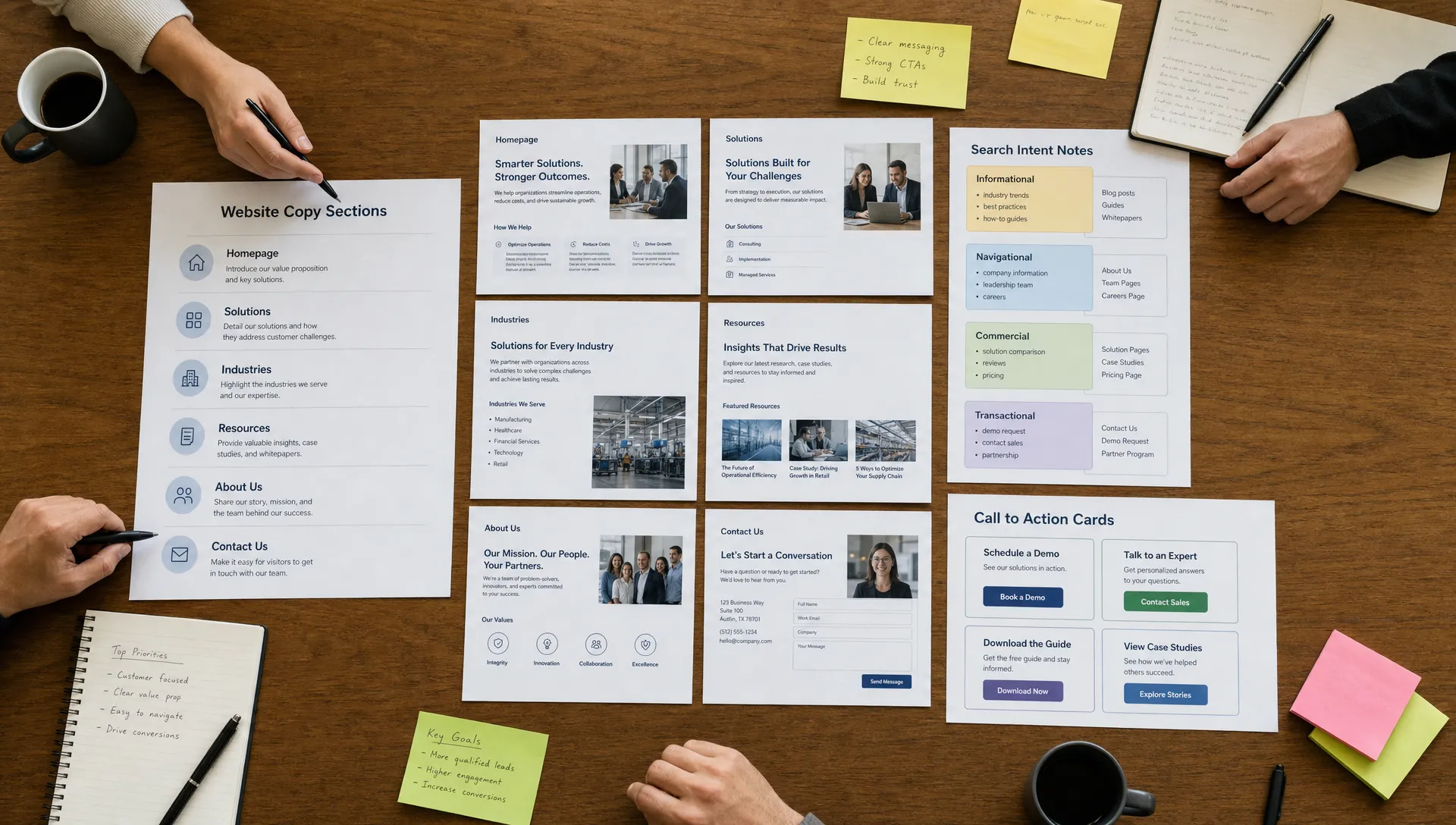 Printed website copy sections, search intent notes, and call to action cards arranged on a conference table for a B2B website planning session, viewed from above.