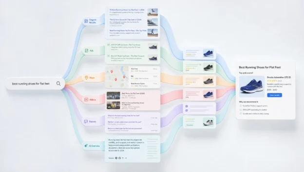 Search results branch into organic listings, ads, maps, videos, and an inquiry card in one flow.