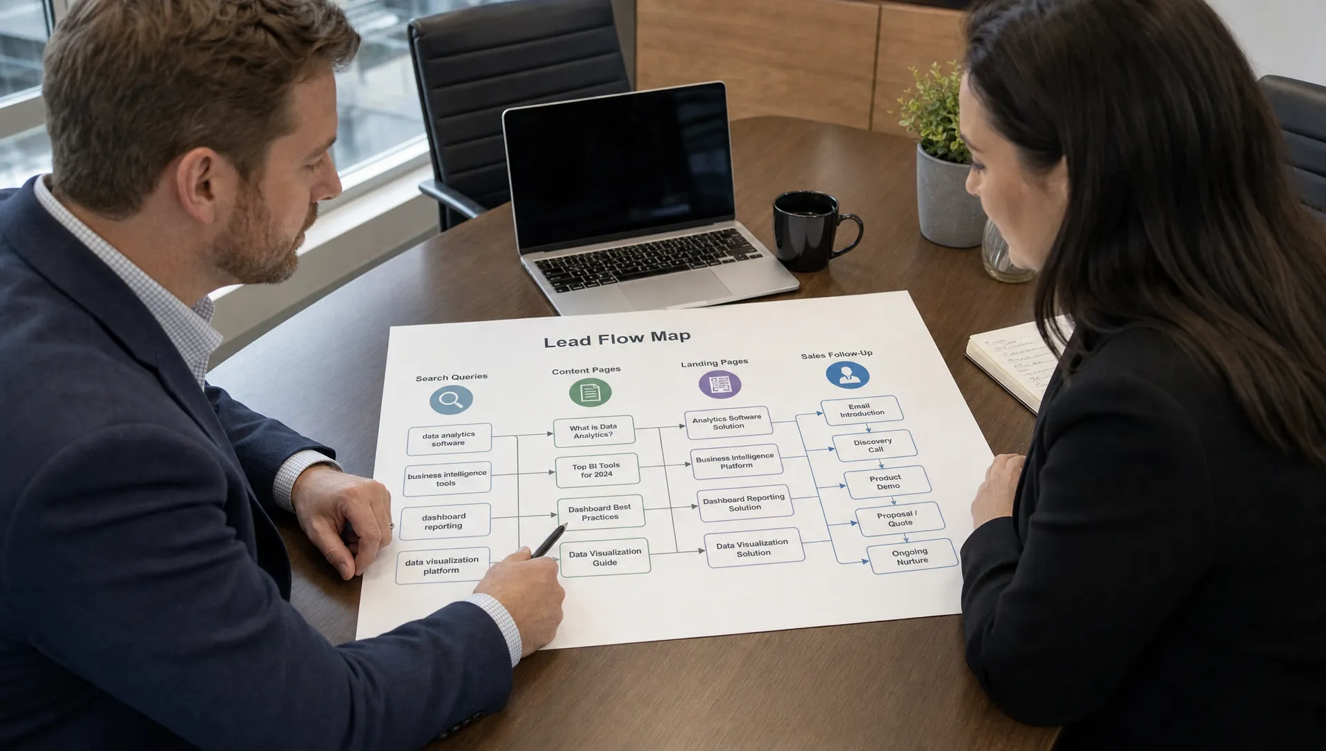 Two business professionals review a lead flow map that connects search queries, content pages, landing pages and sales follow-up steps on a conference table.