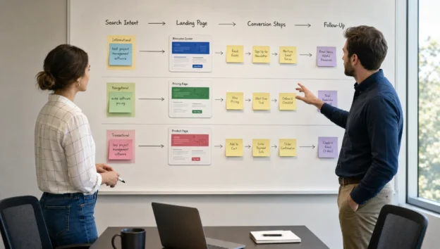 Two business professionals review a wall plan that links search intent, landing pages and follow-up steps.