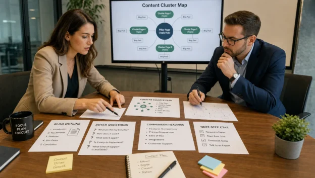 Two business professionals review blog outlines and buyer questions while planning an SEO content strategy.
